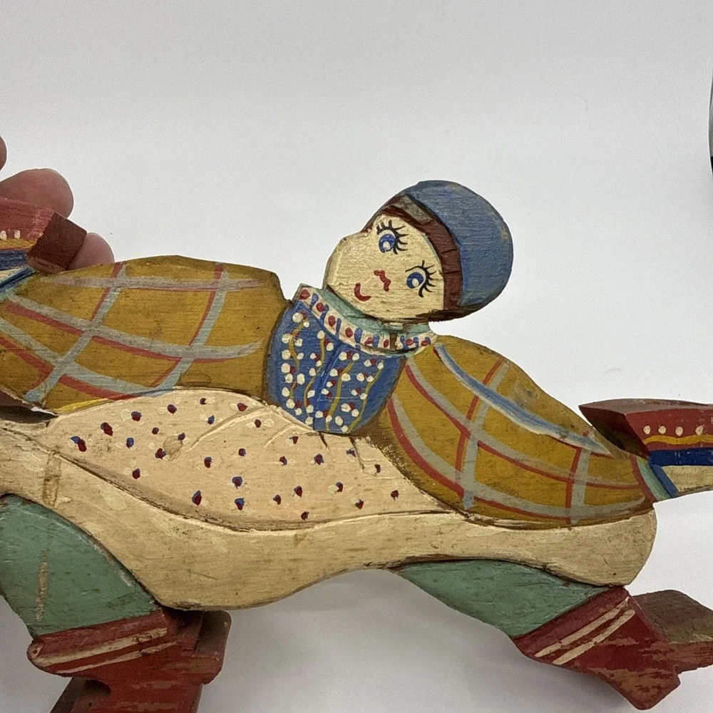 Vintage Pair of Folk Art Wooden Jumping People‎ Candle Stick Holders 6